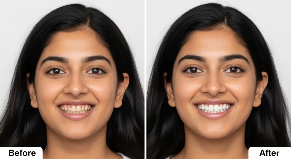Before And After Smile Makeover Results Of A Young Indian Woman Showing Improved White Aligned Teeth At Dr Teeth Luxury Dental Surat Mota Varachha 16 9 3 Before And After Smile Makeover Results Of A Young Indian Woman Showing Improved White Aligned Teeth At Dr Teeth Luxury Dental Surat Mota Varachha 16 9 3